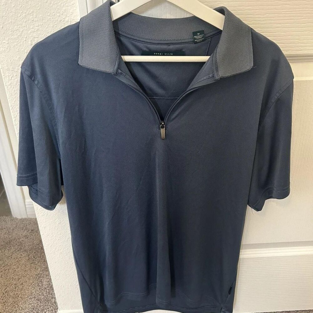 Perry Ellis Gray Medium M 1/4 Zip Collared Polo Shirt Old Money Golf Athleisure